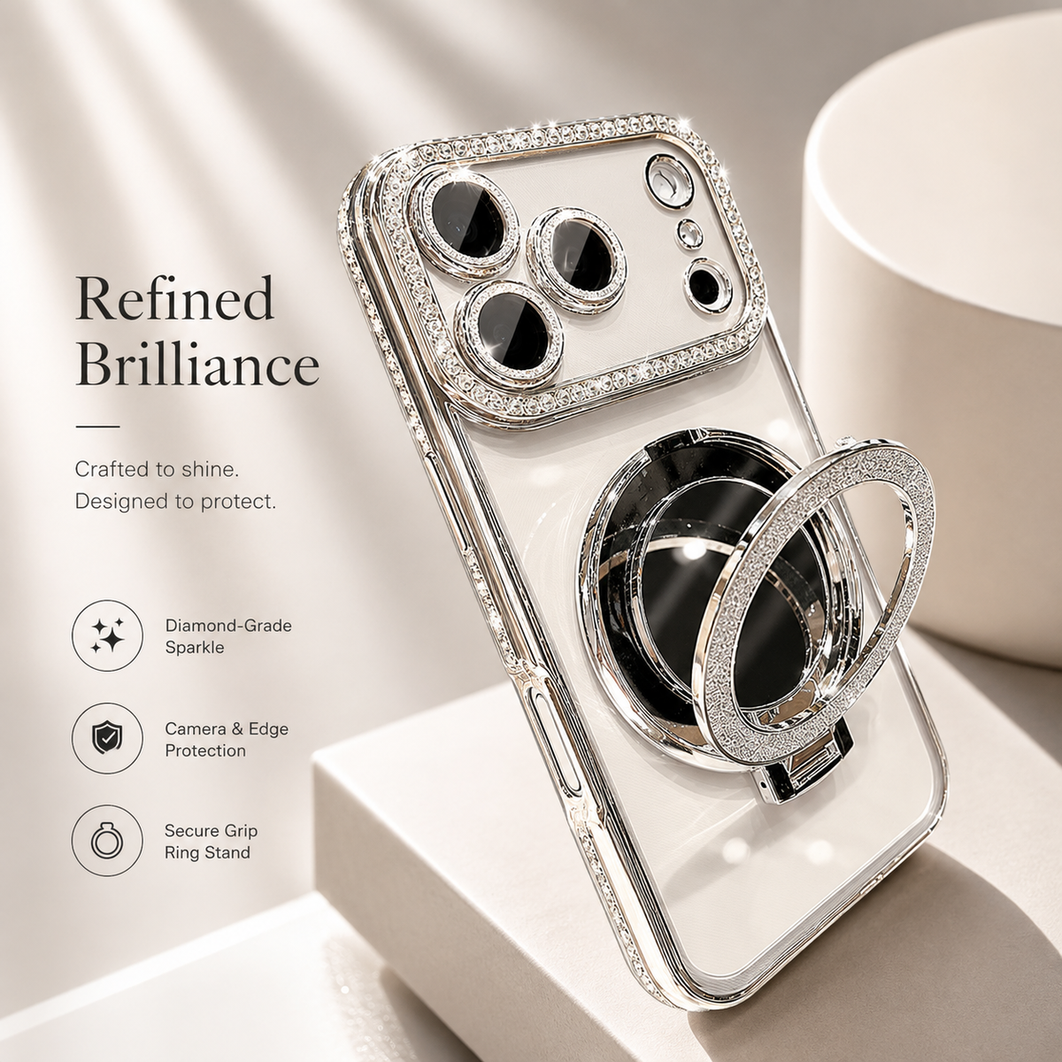 Premium iPhone Case MagSafe Diamond Mirror Stand Glitter Clear TPU Magnetic Holder Transparent Sparkling Lens Protective Cover Anti Scratch Slim Case