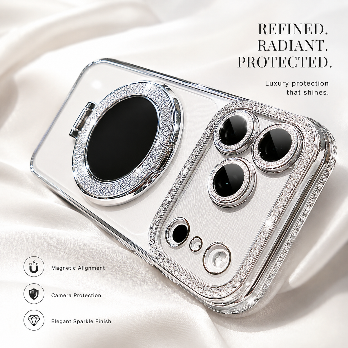 Premium iPhone Case MagSafe Diamond Mirror Stand Glitter Clear TPU Magnetic Holder Transparent Sparkling Lens Protective Cover Anti Scratch Slim Case