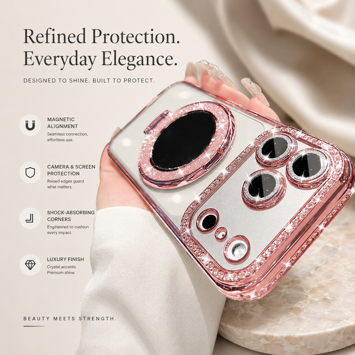 Premium iPhone Case MagSafe Diamond Mirror Stand Glitter Clear TPU Magnetic Holder Transparent Sparkling Lens Protective Cover Anti Scratch Slim Case