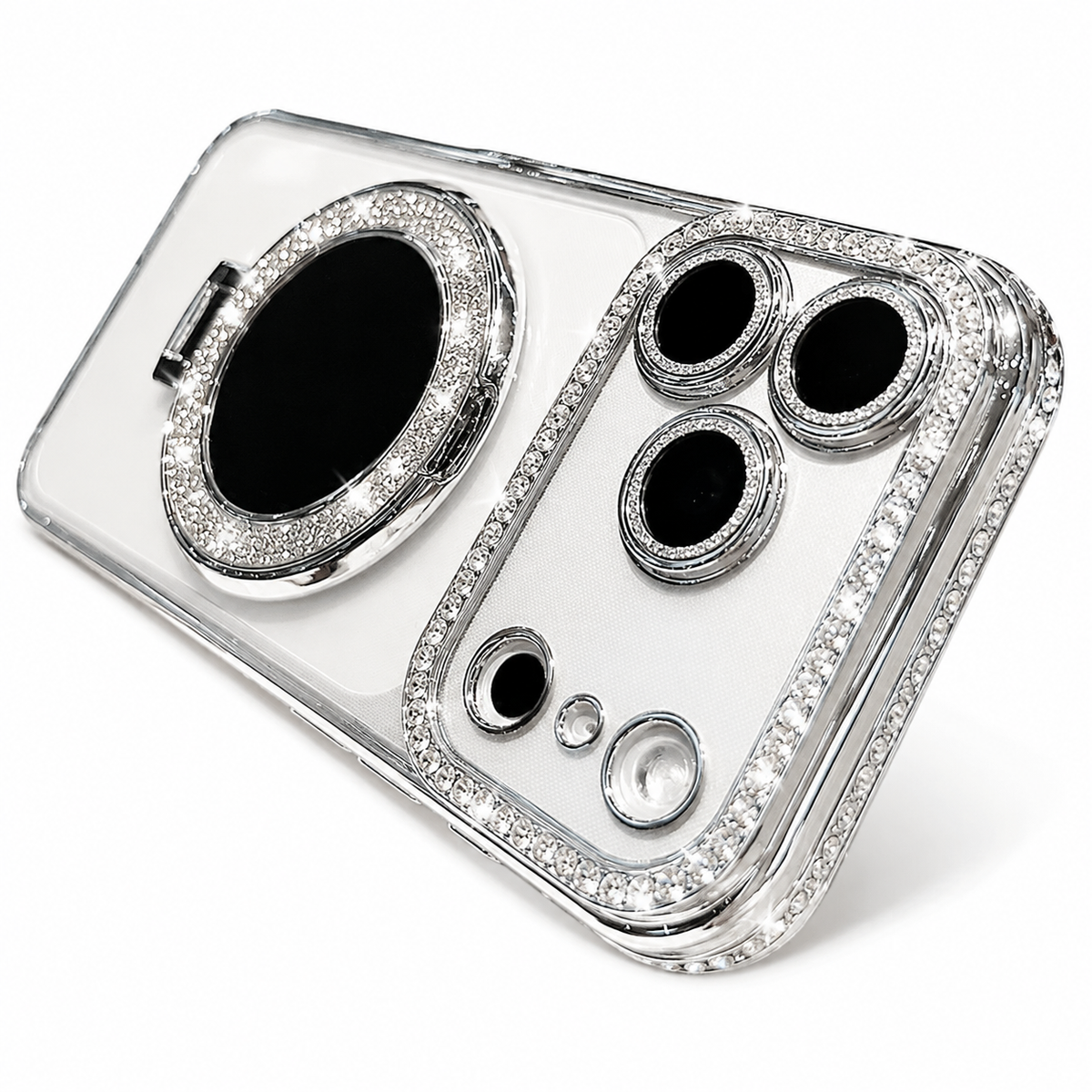 Premium iPhone Case MagSafe Diamond Mirror Stand Glitter Clear TPU Magnetic Holder Transparent Sparkling Lens Protective Cover Anti Scratch Slim Case