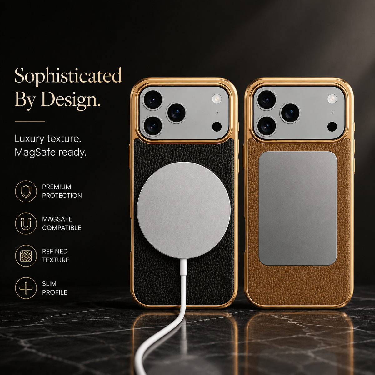 Premium iPhone Case MagSafe Genuine Cowhide Leather Slim Protective Cover Lychee Texture Anti Fingerprint Non Slip Camera Protection Magnetic Lightweight