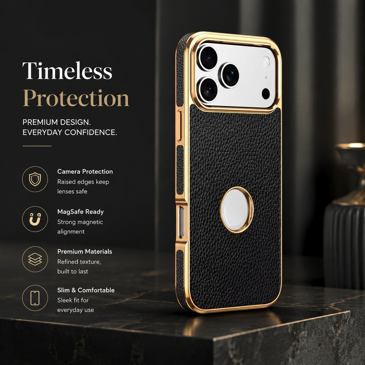 Premium iPhone Case MagSafe Genuine Cowhide Leather Slim Protective Cover Lychee Texture Anti Fingerprint Non Slip Camera Protection Magnetic Lightweight