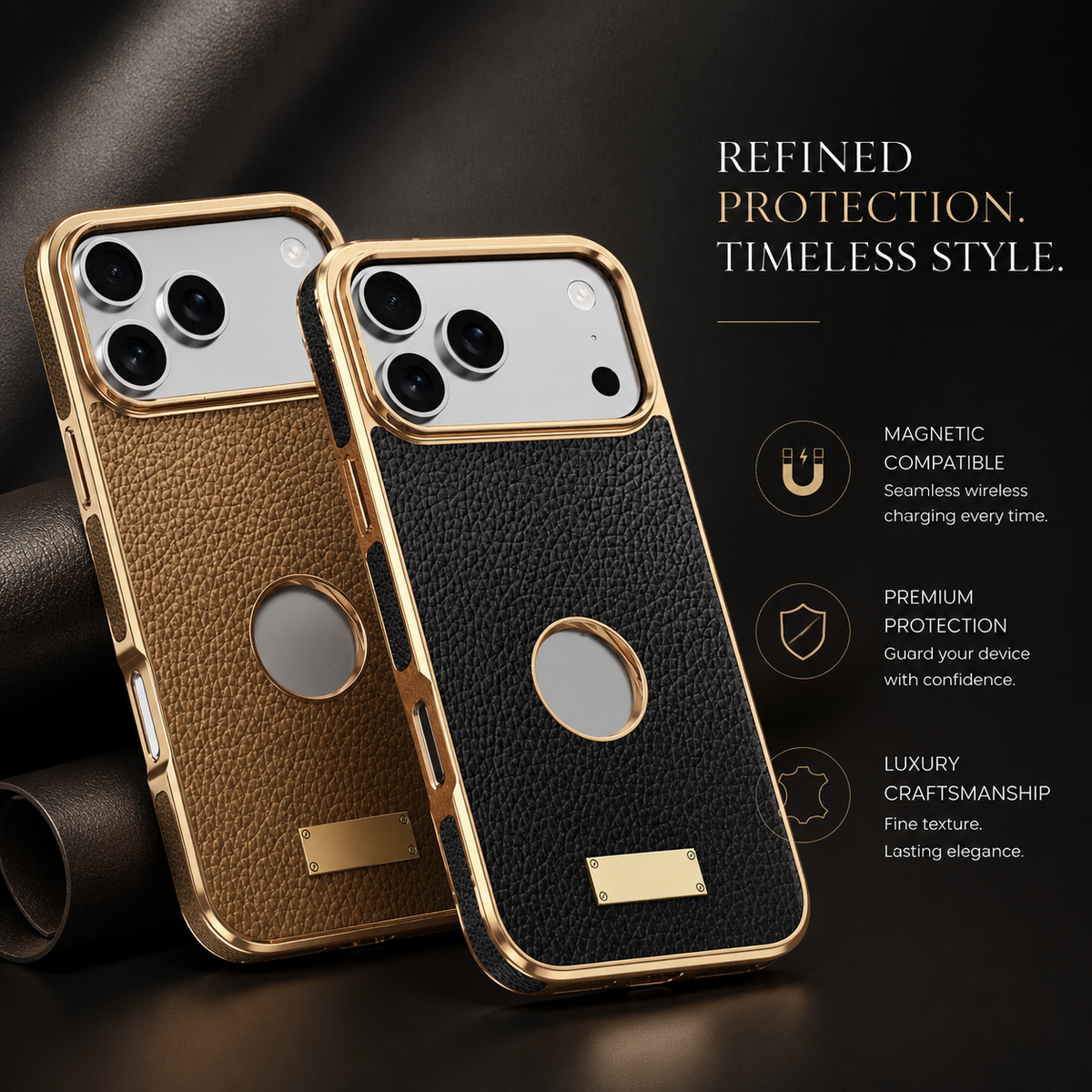 Premium iPhone Case MagSafe Genuine Cowhide Leather Slim Protective Cover Lychee Texture Anti Fingerprint Non Slip Camera Protection Magnetic Lightweight