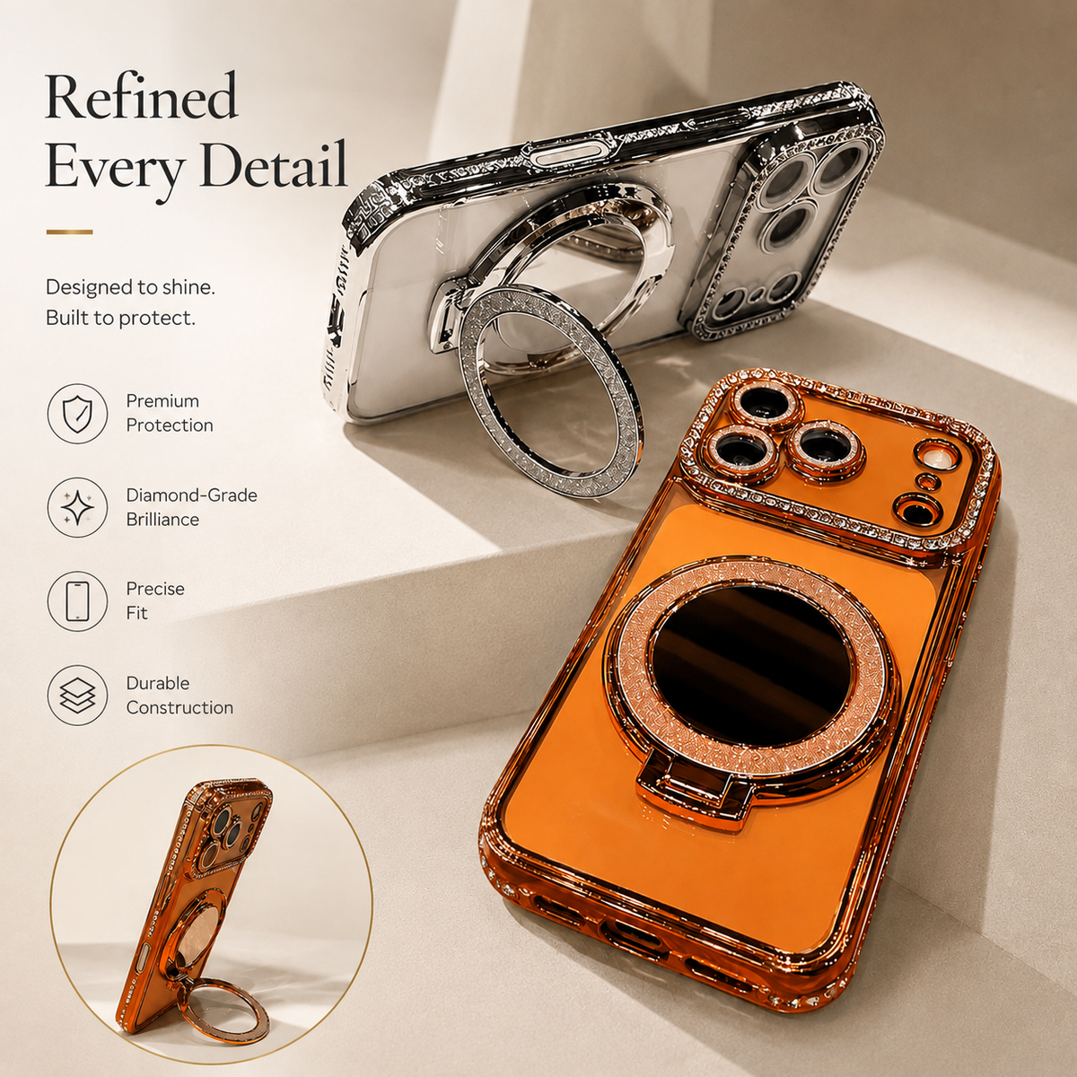 Premium iPhone Case MagSafe Glitter Clear Mirror Magnetic Ring Stand Lens Film Soft TPU Sparkling Protective Cover Anti Scratch Slim Holder Case