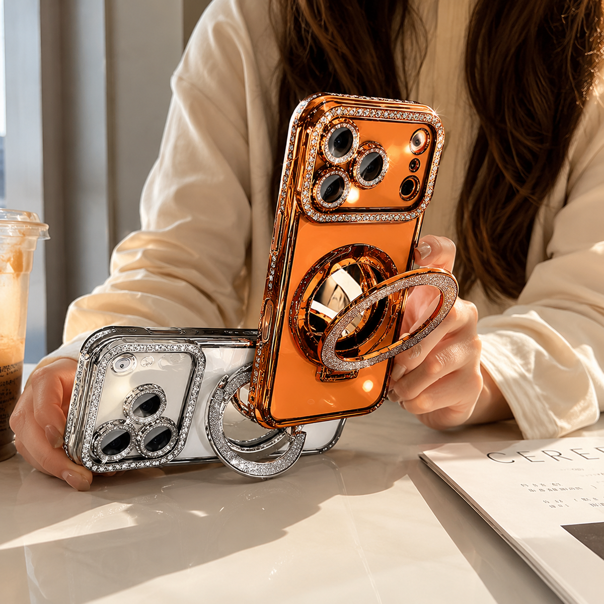 Premium iPhone Case MagSafe Glitter Clear Mirror Magnetic Ring Stand Lens Film Soft TPU Sparkling Protective Cover Anti Scratch Slim Holder Case