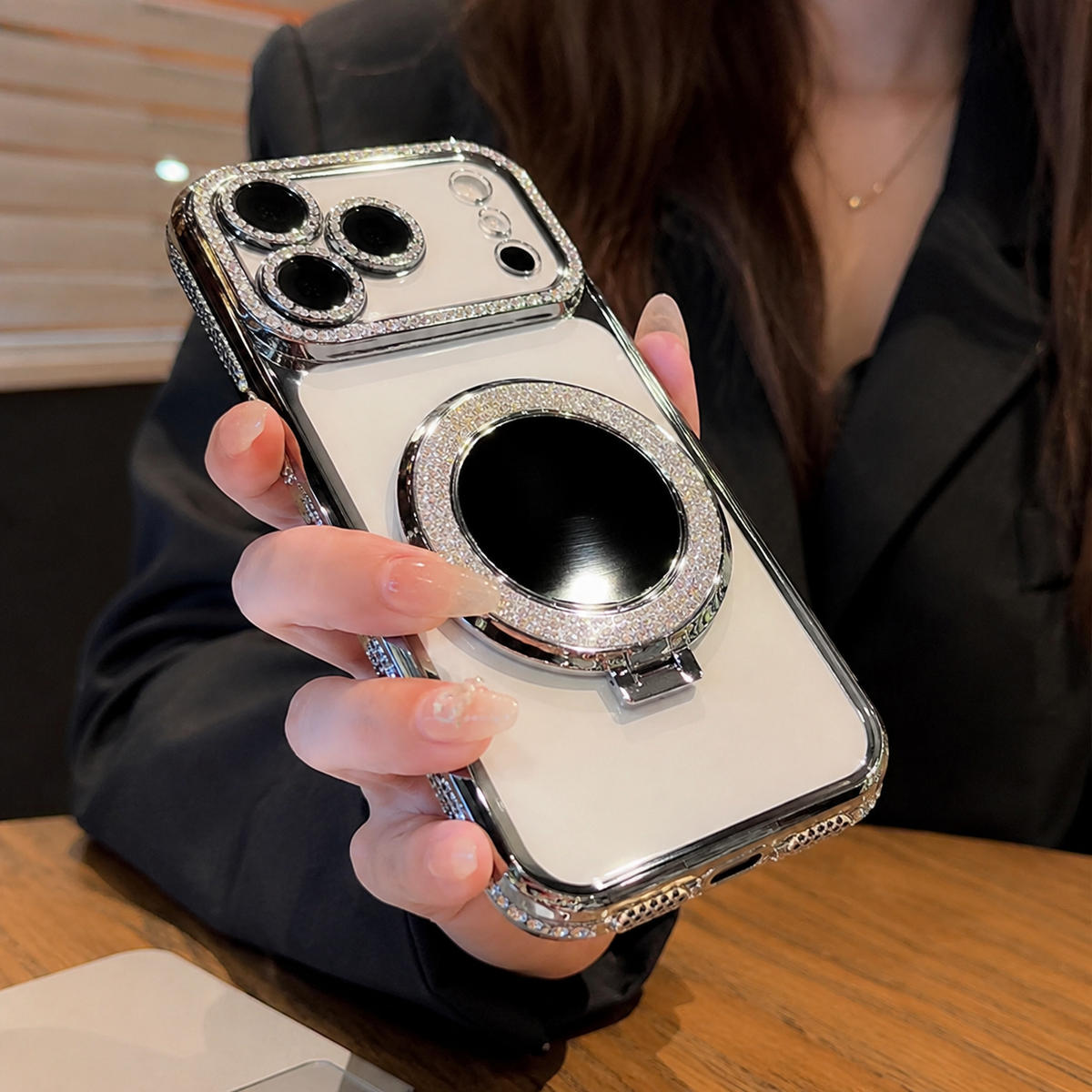 Premium iPhone Case MagSafe Glitter Clear Mirror Magnetic Ring Stand Lens Film Soft TPU Sparkling Protective Cover Anti Scratch Slim Holder Case