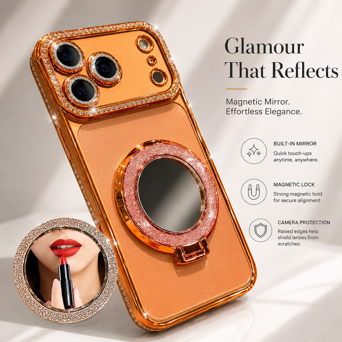Premium iPhone Case MagSafe Glitter Clear Mirror Magnetic Ring Stand Lens Film Soft TPU Sparkling Protective Cover Anti Scratch Slim Holder Case