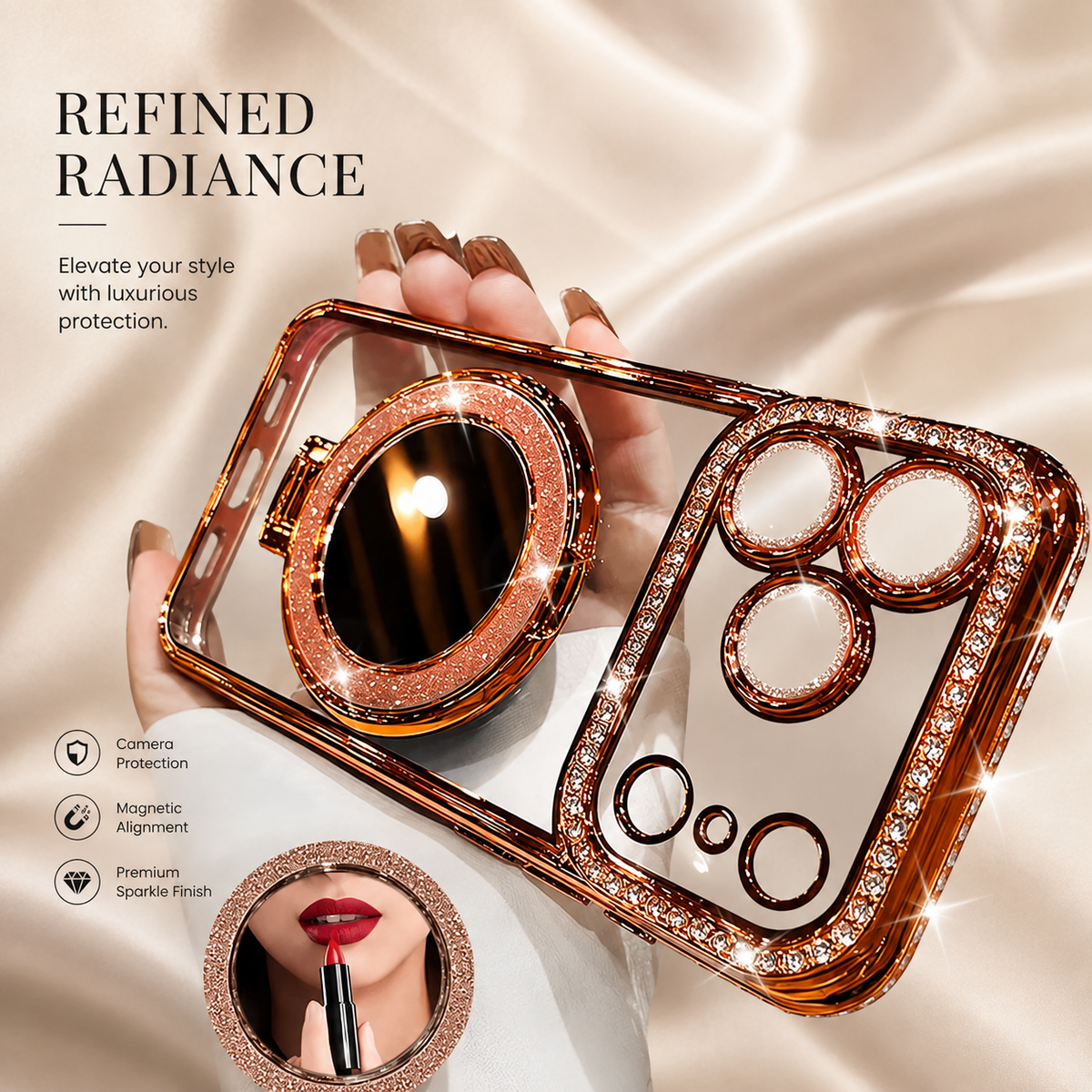 Premium iPhone Case MagSafe Glitter Clear Mirror Magnetic Ring Stand Lens Film Soft TPU Sparkling Protective Cover Anti Scratch Slim Holder Case