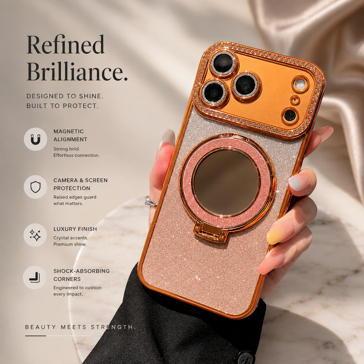 Premium iPhone Case MagSafe Glitter Diamond Clear Mirror Magnetic Ring Holder PC TPU Sparkling Stand Shockproof Protective Cover Anti Scratch Slim Case