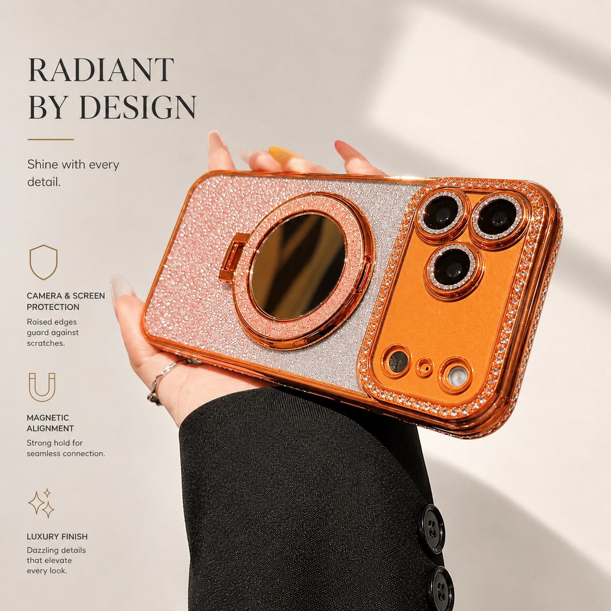 Premium iPhone Case MagSafe Glitter Diamond Clear Mirror Magnetic Ring Holder PC TPU Sparkling Stand Shockproof Protective Cover Anti Scratch Slim Case