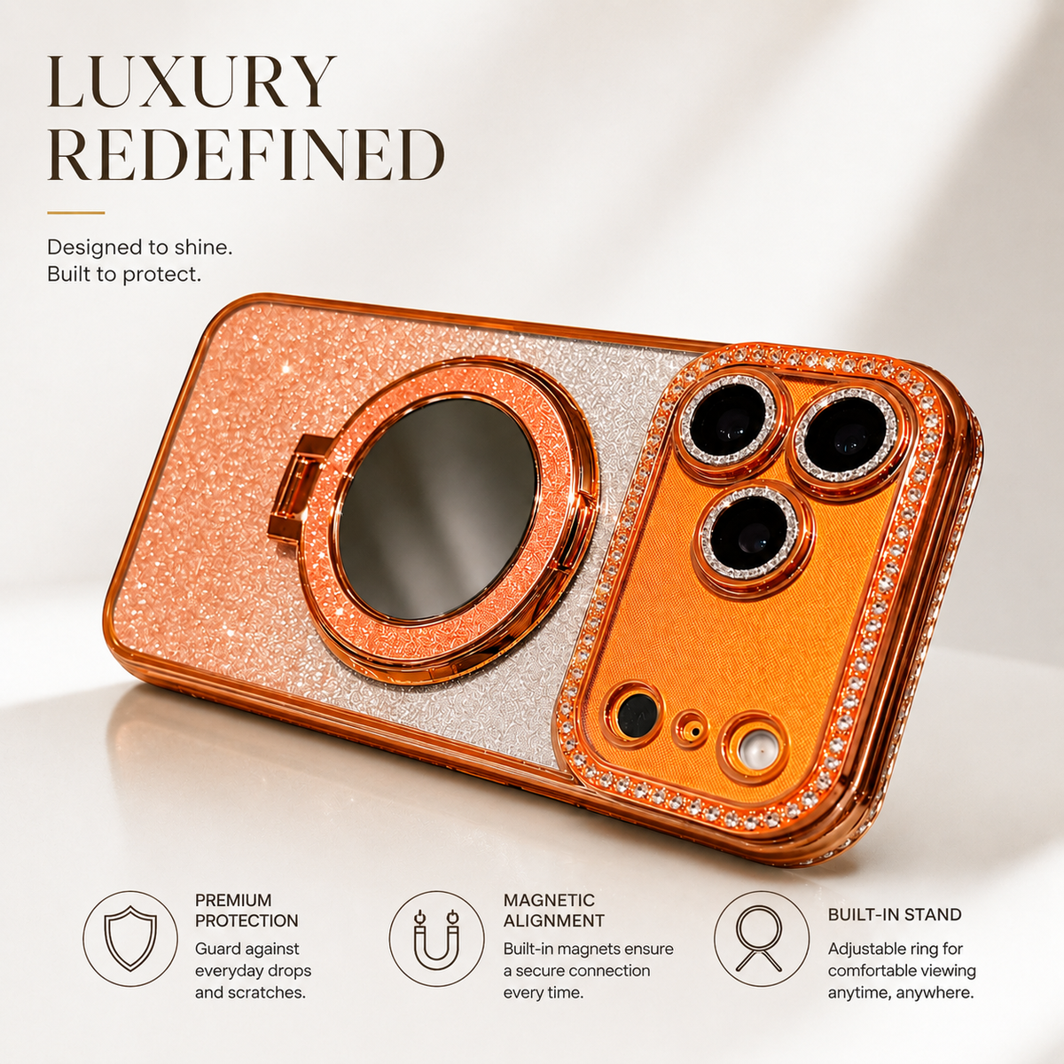 Premium iPhone Case MagSafe Glitter Diamond Clear Mirror Magnetic Ring Holder PC TPU Sparkling Stand Shockproof Protective Cover Anti Scratch Slim Case