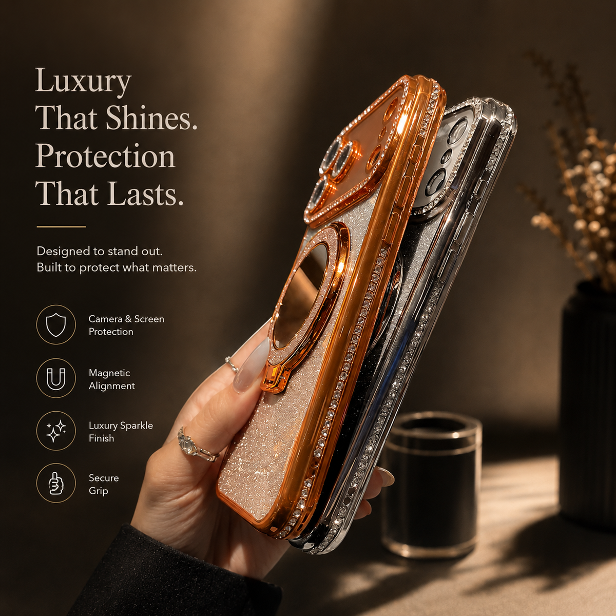 Premium iPhone Case MagSafe Glitter Diamond Clear Mirror Magnetic Ring Holder PC TPU Sparkling Stand Shockproof Protective Cover Anti Scratch Slim Case
