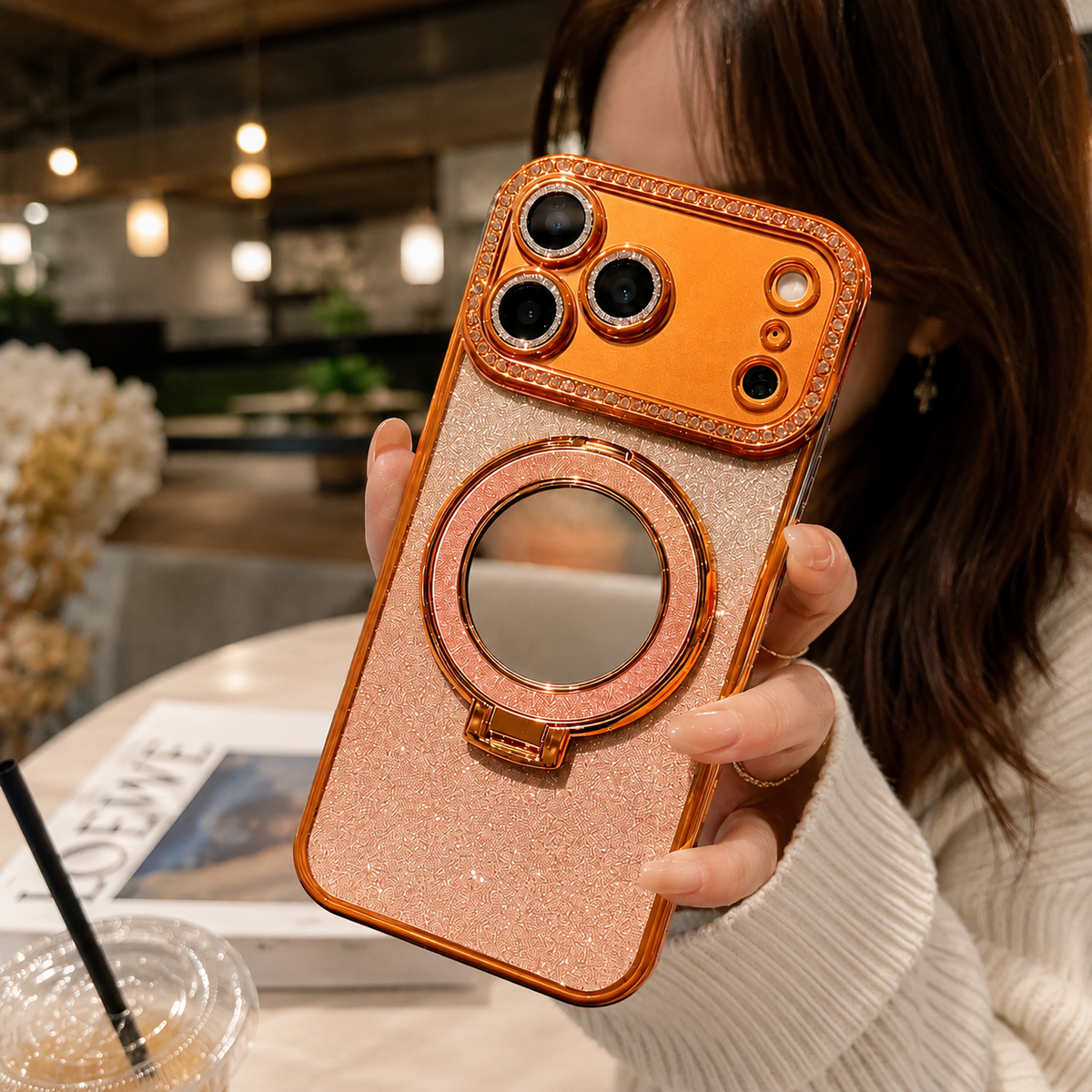 Premium iPhone Case MagSafe Glitter Diamond Clear Mirror Magnetic Ring Holder PC TPU Sparkling Stand Shockproof Protective Cover Anti Scratch Slim Case