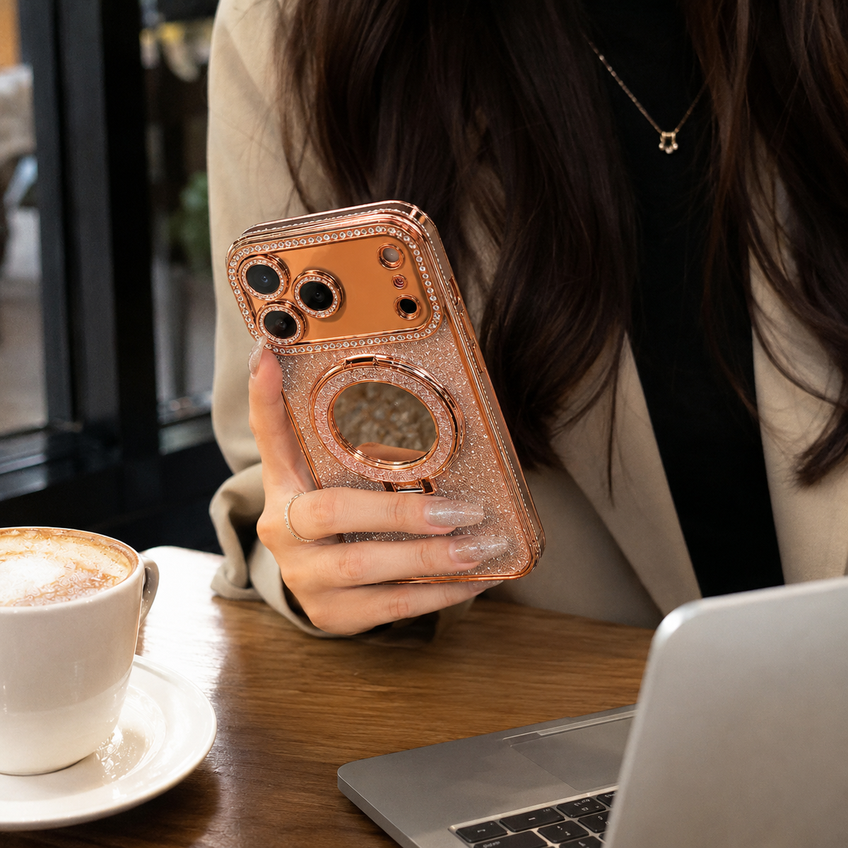 Premium iPhone Case MagSafe Glitter Diamond Clear Mirror Magnetic Ring Holder PC TPU Sparkling Stand Shockproof Protective Cover Anti Scratch Slim Case