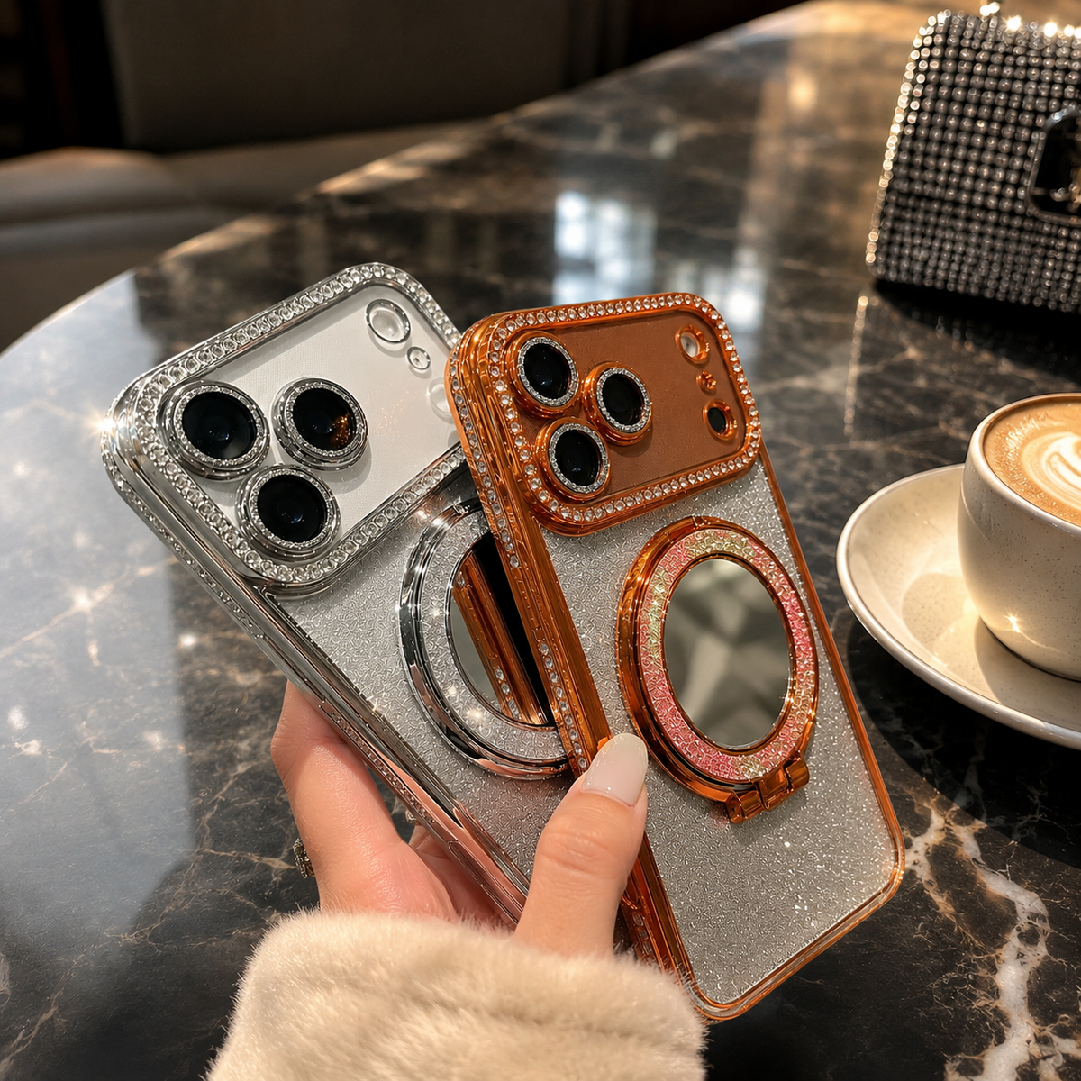 Premium iPhone Case MagSafe Glitter Diamond Clear Mirror Magnetic Ring Holder PC TPU Sparkling Stand Shockproof Protective Cover Anti Scratch Slim Case