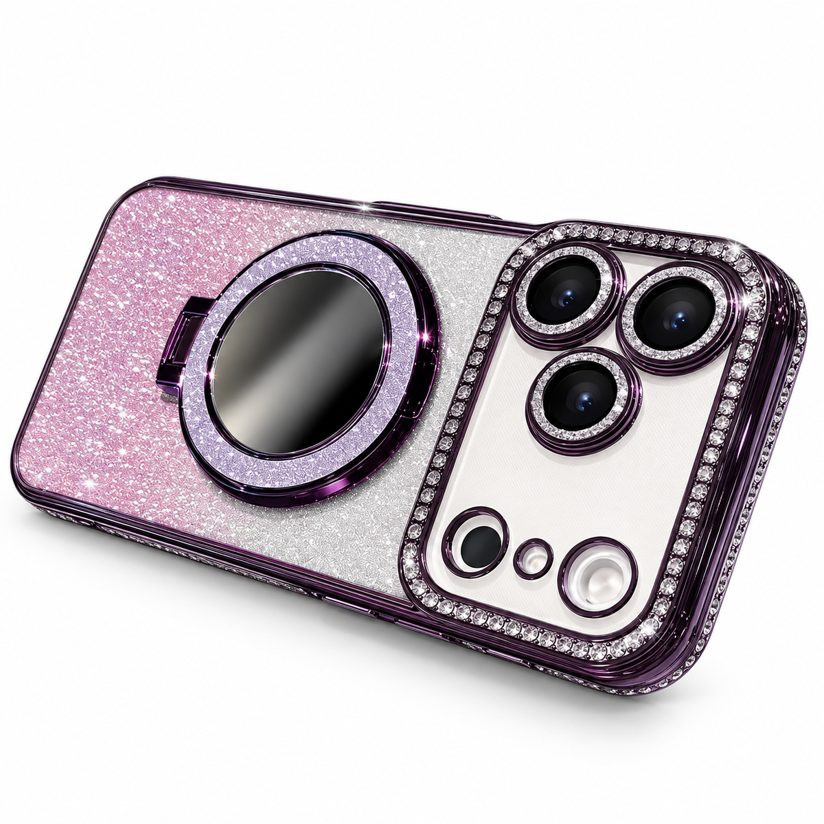 Premium iPhone Case MagSafe Glitter Diamond Clear Mirror Magnetic Ring Holder PC TPU Sparkling Stand Shockproof Protective Cover Anti Scratch Slim Case