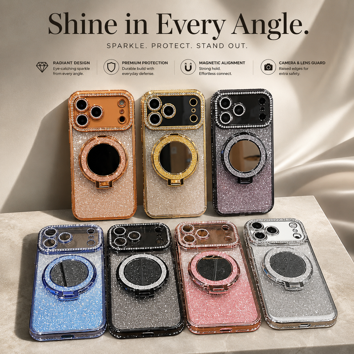 Premium iPhone Case MagSafe Glitter Diamond Clear Mirror Magnetic Ring Holder PC TPU Sparkling Stand Shockproof Protective Cover Anti Scratch Slim Case