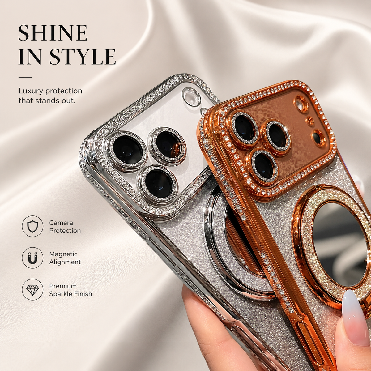 Premium iPhone Case MagSafe Glitter Diamond Clear Mirror Magnetic Ring Holder PC TPU Sparkling Stand Shockproof Protective Cover Anti Scratch Slim Case