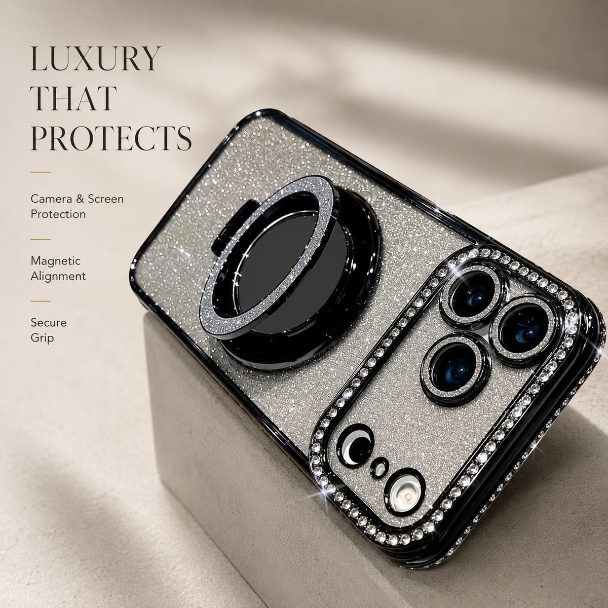 Premium iPhone Case MagSafe Glitter Diamond Mirror Magnetic Bracket Stand Makeup Lens Film Anti Scratch Non Slip Jewelled Protective Cover
