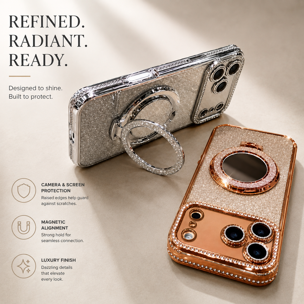 Premium iPhone Case MagSafe Glitter Diamond Mirror Magnetic Bracket Stand Makeup Lens Film Anti Scratch Non Slip Jewelled Protective Cover
