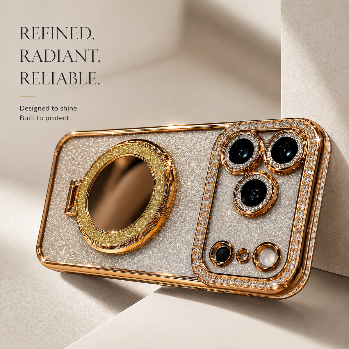 Premium iPhone Case MagSafe Glitter Diamond Mirror Magnetic Bracket Stand Makeup Lens Film Anti Scratch Non Slip Jewelled Protective Cover