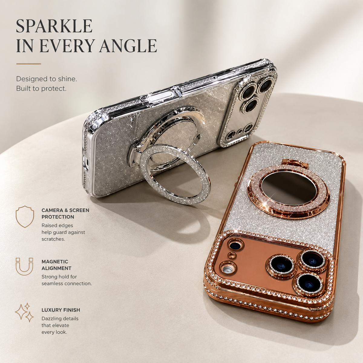 Premium iPhone Case MagSafe Glitter Diamond Mirror Magnetic Bracket Stand Makeup Lens Film Anti Scratch Non Slip Jewelled Protective Cover
