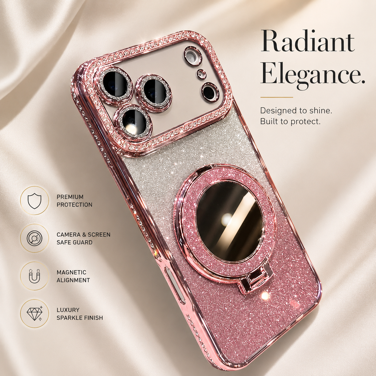 Premium iPhone Case MagSafe Glitter Diamond Mirror Magnetic Bracket Stand Makeup Lens Film Anti Scratch Non Slip Jewelled Protective Cover