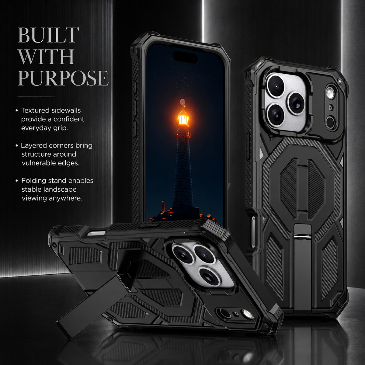 Premium iPhone Case MagSafe Heavy Duty Armor Magnetic Metal Stand Shockproof PC TPU Dual Layer Matte Non Slip Rugged Protective Bumper Cover Case