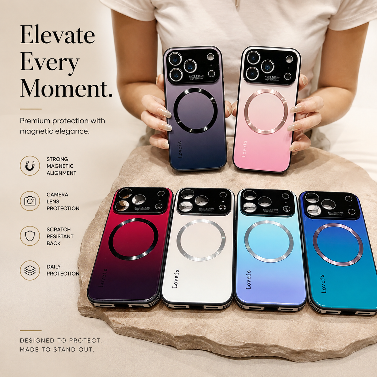 Premium iPhone Case MagSafe Large Window Gradient Magnetic Shockproof Acrylic PC TPU Protective Cover Reflective Glitter Anti Scratch Soft Bumper Case