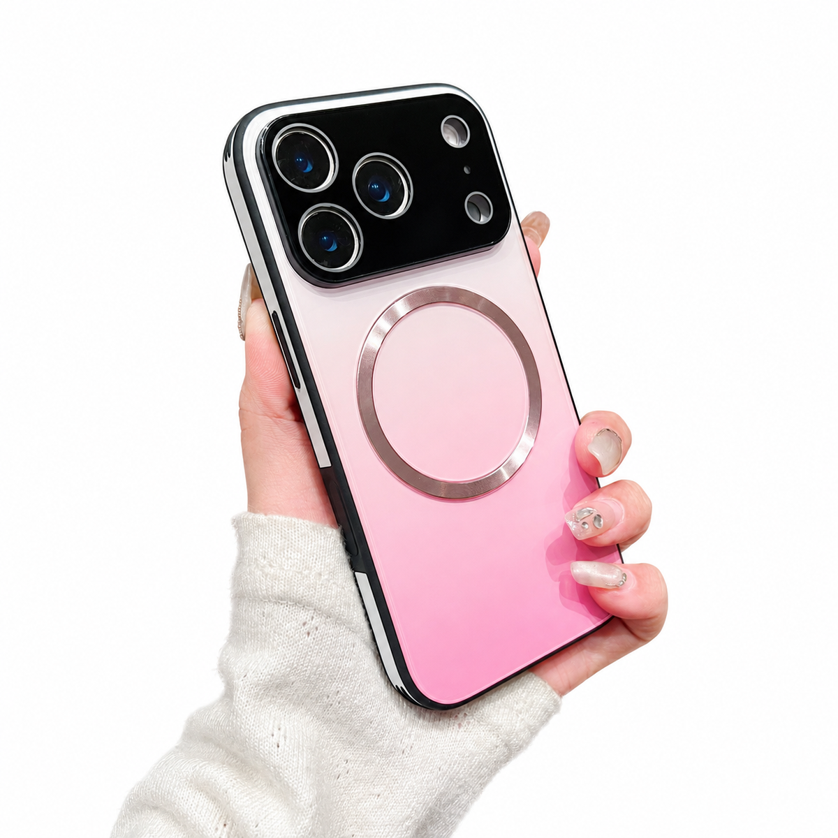 Premium iPhone Case MagSafe Large Window Gradient Magnetic Shockproof Acrylic PC TPU Protective Cover Reflective Glitter Anti Scratch Soft Bumper Case