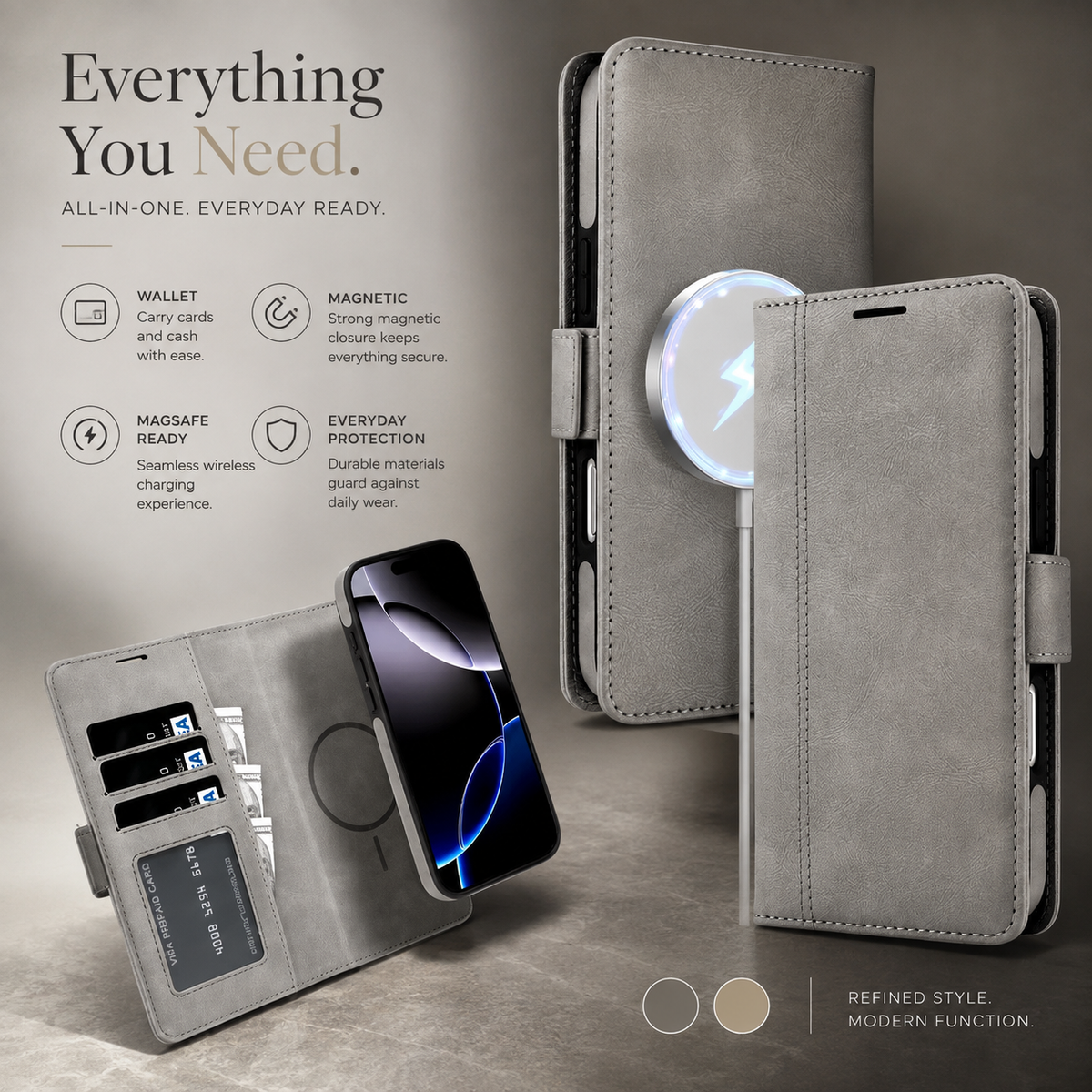Premium iPhone Case MagSafe Leather Wallet Flip Card Holder Magnetic Shockproof Protective Cover Matte Anti Fingerprint Anti Scratch Slim Non Slip