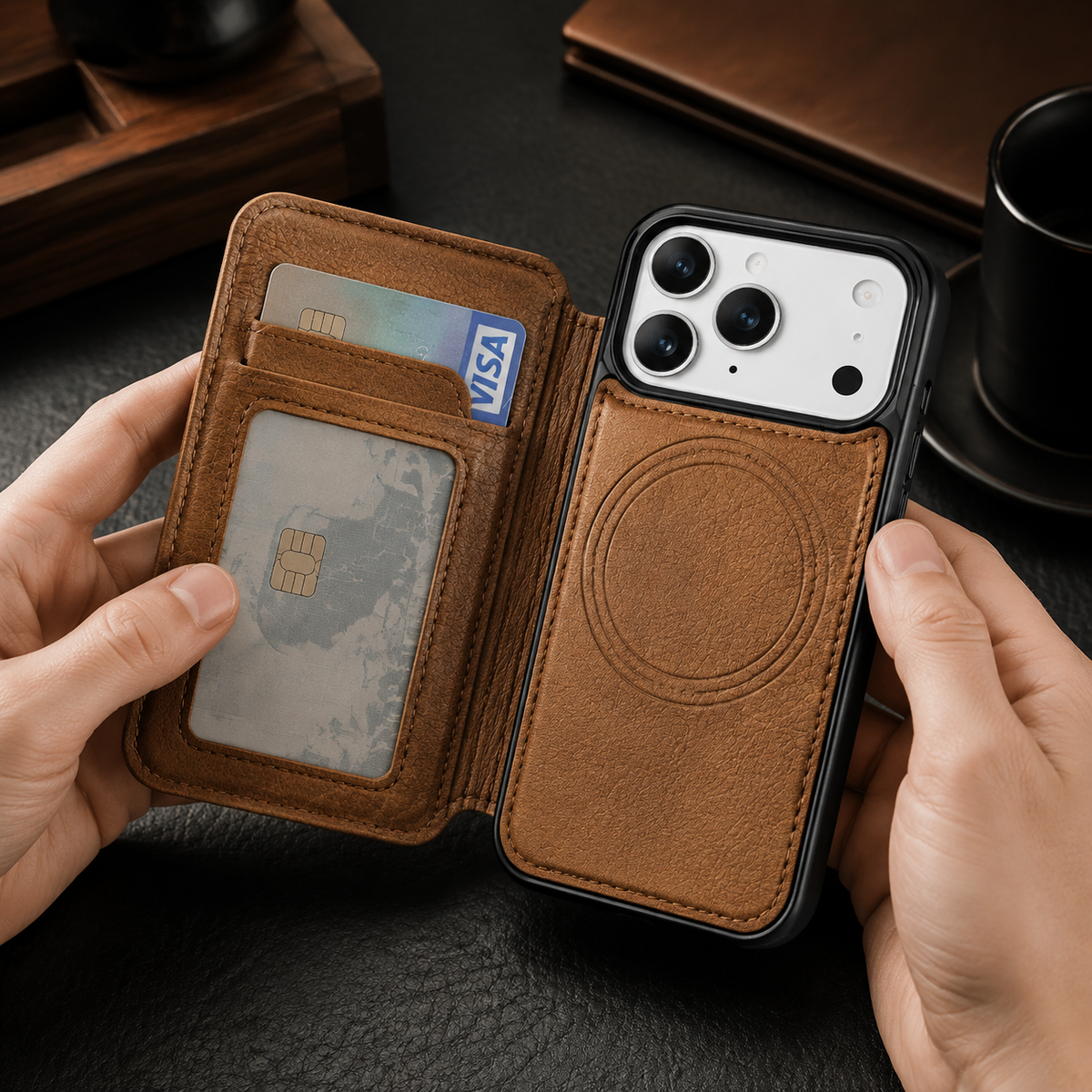Premium iPhone Case MagSafe Leather Wallet Magnetic Flip Card Holder Shockproof Protective Cover Anti Fingerprint Anti Scratch Slim Full Access Secure Storage