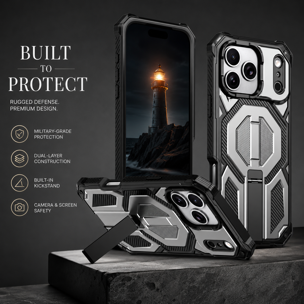 Premium iPhone Case MagSafe Magnetic Armor Metal Stand Shockproof PC TPU Dual Layer Heavy Duty Matte Anti Scratch Non Slip Protective Bumper Cover