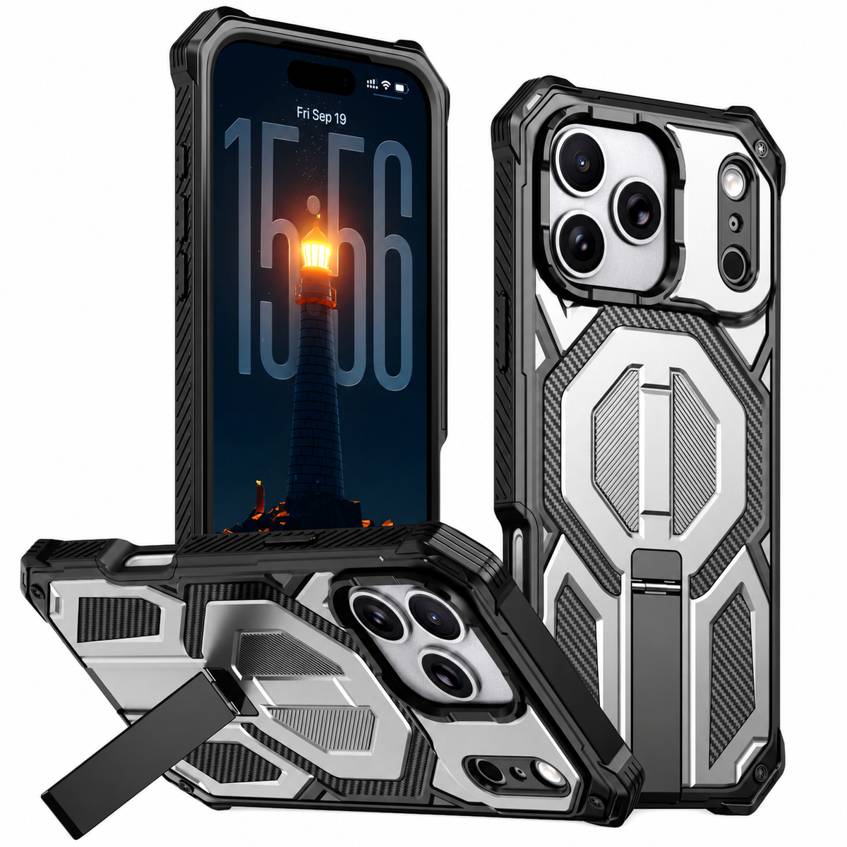 Premium iPhone Case MagSafe Magnetic Armor Metal Stand Shockproof PC TPU Dual Layer Heavy Duty Matte Anti Scratch Non Slip Protective Bumper Cover
