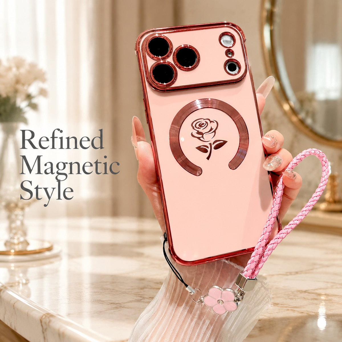Premium iPhone Case MagSafe Rose Pattern Magnetic Soft TPU Protective Cover Lanyard Bracelet Plating Shockproof PC TPU Slim Full Coverage Floral Case Design