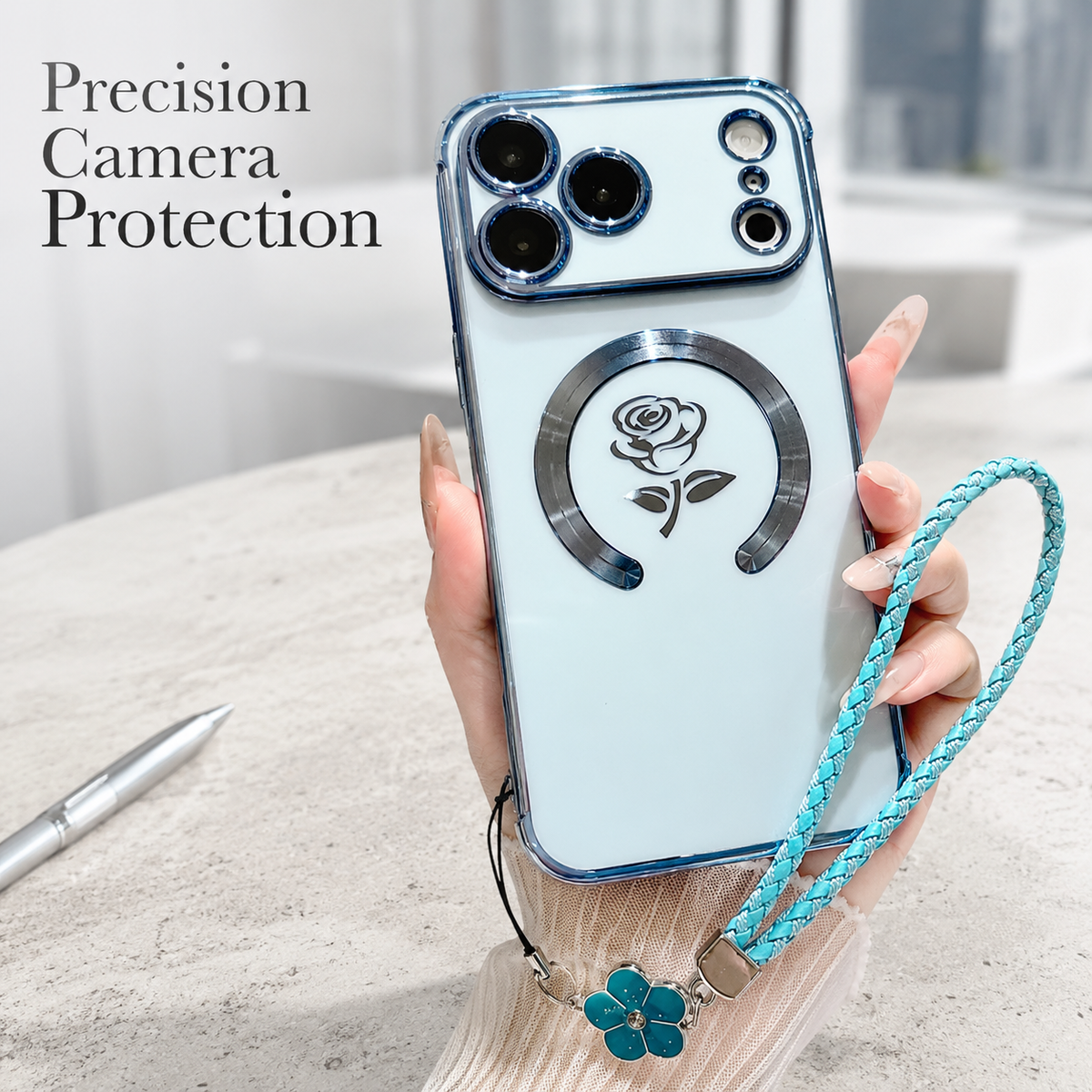 Premium iPhone Case MagSafe Rose Pattern Magnetic Soft TPU Protective Cover Lanyard Bracelet Plating Shockproof PC TPU Slim Full Coverage Floral Case Design
