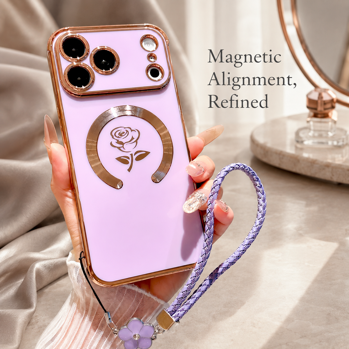 Premium iPhone Case MagSafe Rose Pattern Magnetic Soft TPU Protective Cover Lanyard Bracelet Plating Shockproof PC TPU Slim Full Coverage Floral Case Design