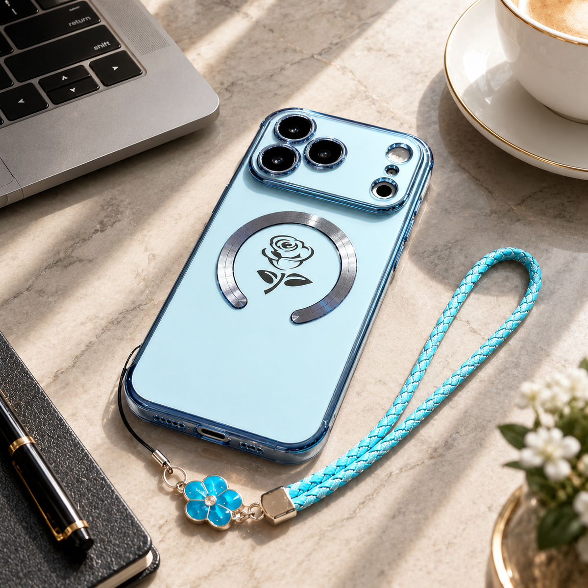 Premium iPhone Case MagSafe Rose Pattern Magnetic Soft TPU Protective Cover Lanyard Bracelet Plating Shockproof PC TPU Slim Full Coverage Floral Case Design