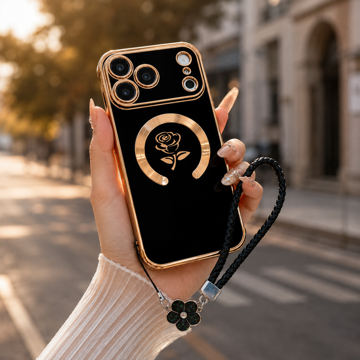 Premium iPhone Case MagSafe Rose Pattern Magnetic Soft TPU Protective Cover Lanyard Bracelet Plating Shockproof PC TPU Slim Full Coverage Floral Case Design
