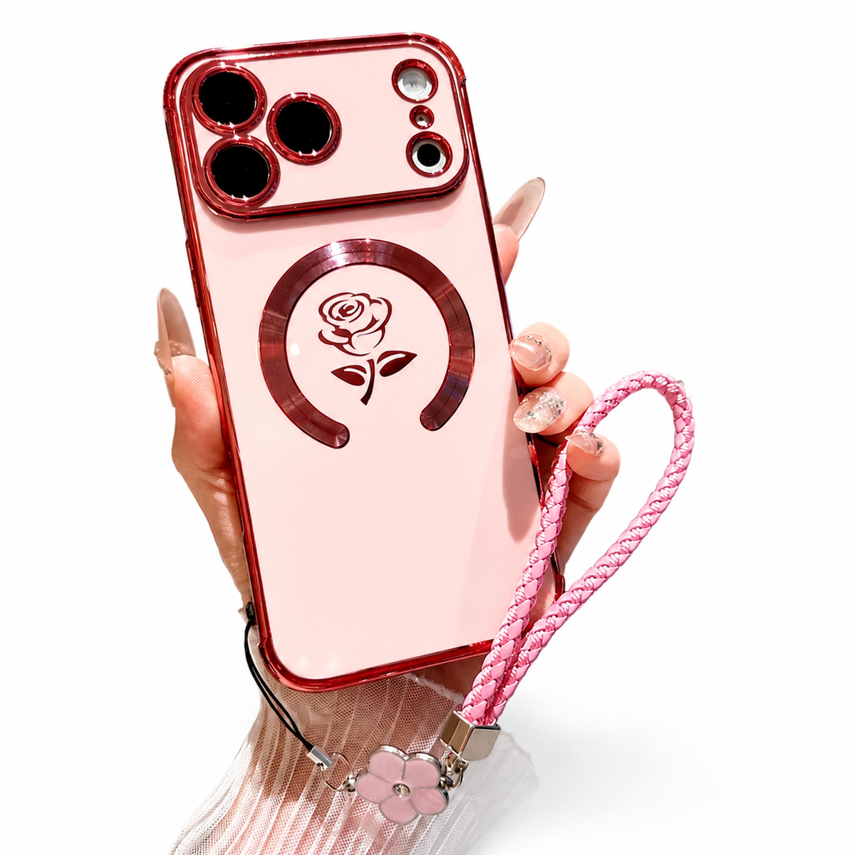 Premium iPhone Case MagSafe Rose Pattern Magnetic Soft TPU Protective Cover Lanyard Bracelet Plating Shockproof PC TPU Slim Full Coverage Floral Case Design
