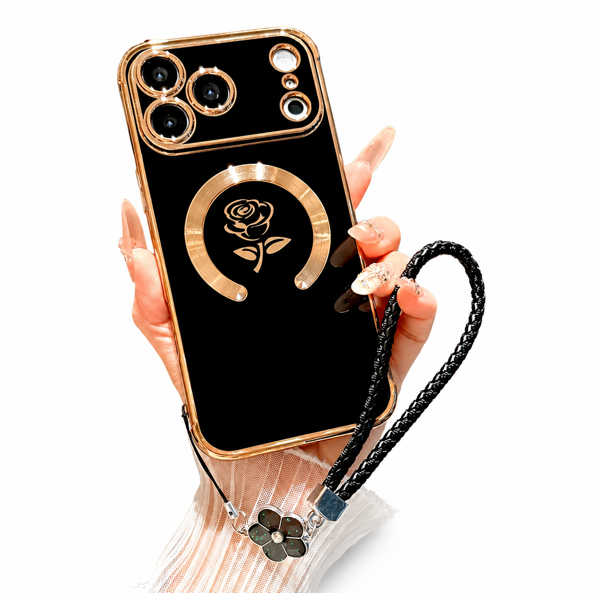 Premium iPhone Case MagSafe Rose Pattern Magnetic Soft TPU Protective Cover Lanyard Bracelet Plating Shockproof PC TPU Slim Full Coverage Floral Case Design
