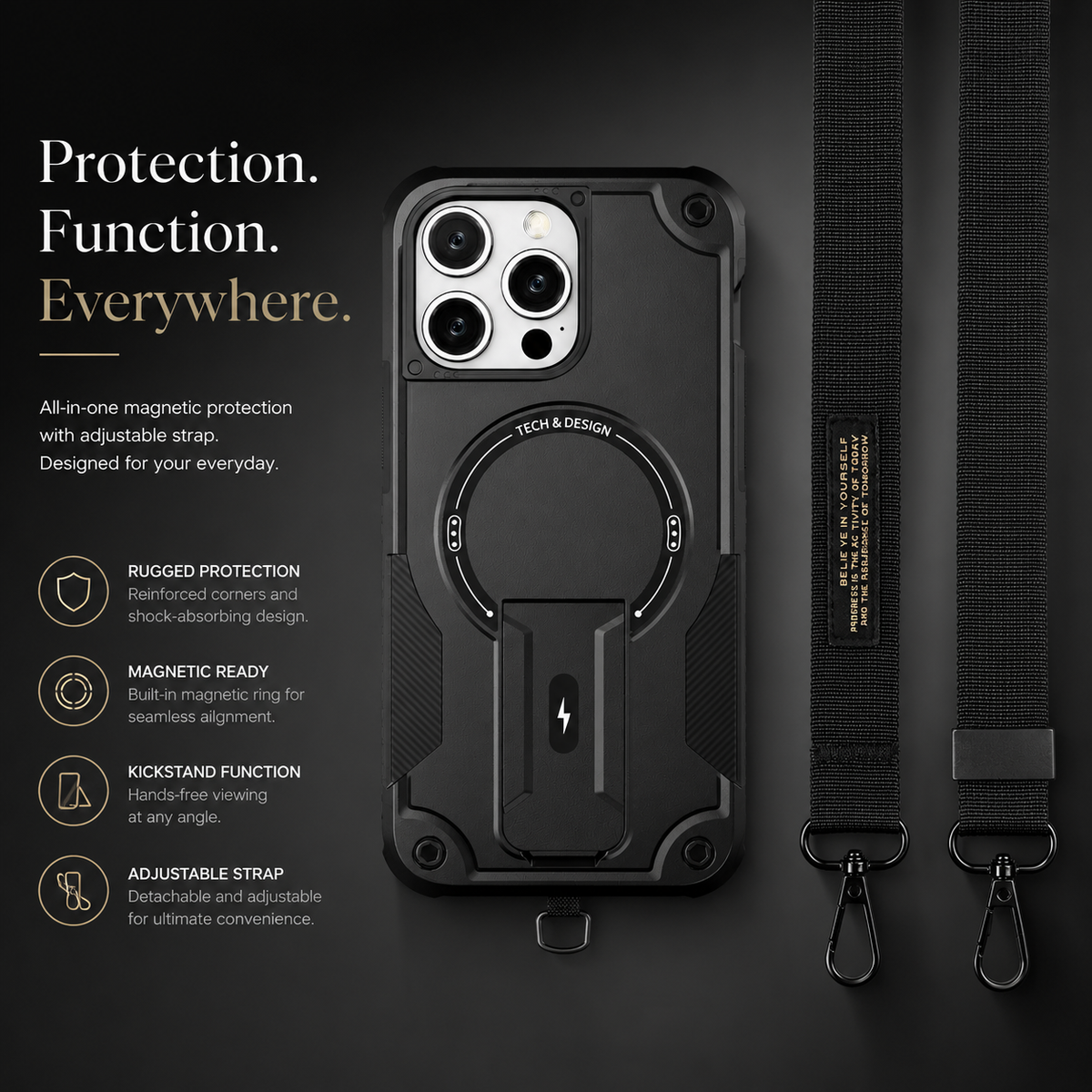 Premium iPhone Case MagSafe Rugged Shockproof Armor Cover Magnetic Kickstand Crossbody Lanyard PC TPU Anti Slip Camera Protection Heavy Duty