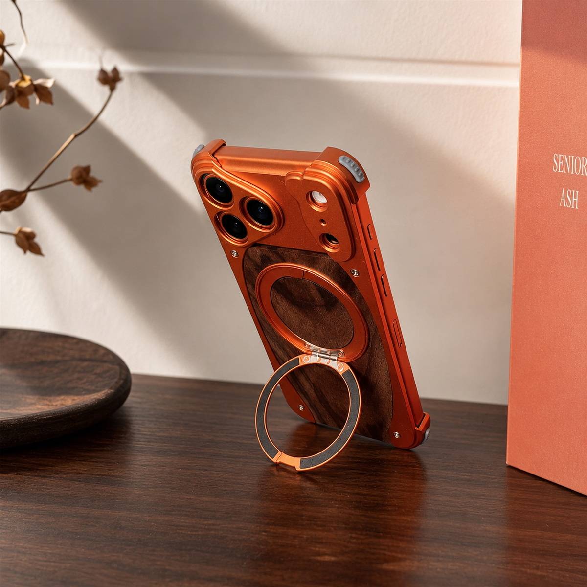 Premium iPhone Case MagSafe Walnut Wood Aluminum Magnetic Shockproof Protective Cover Kickstand Anti Drop Metal Frame Slim Natural Wood Full Coverage