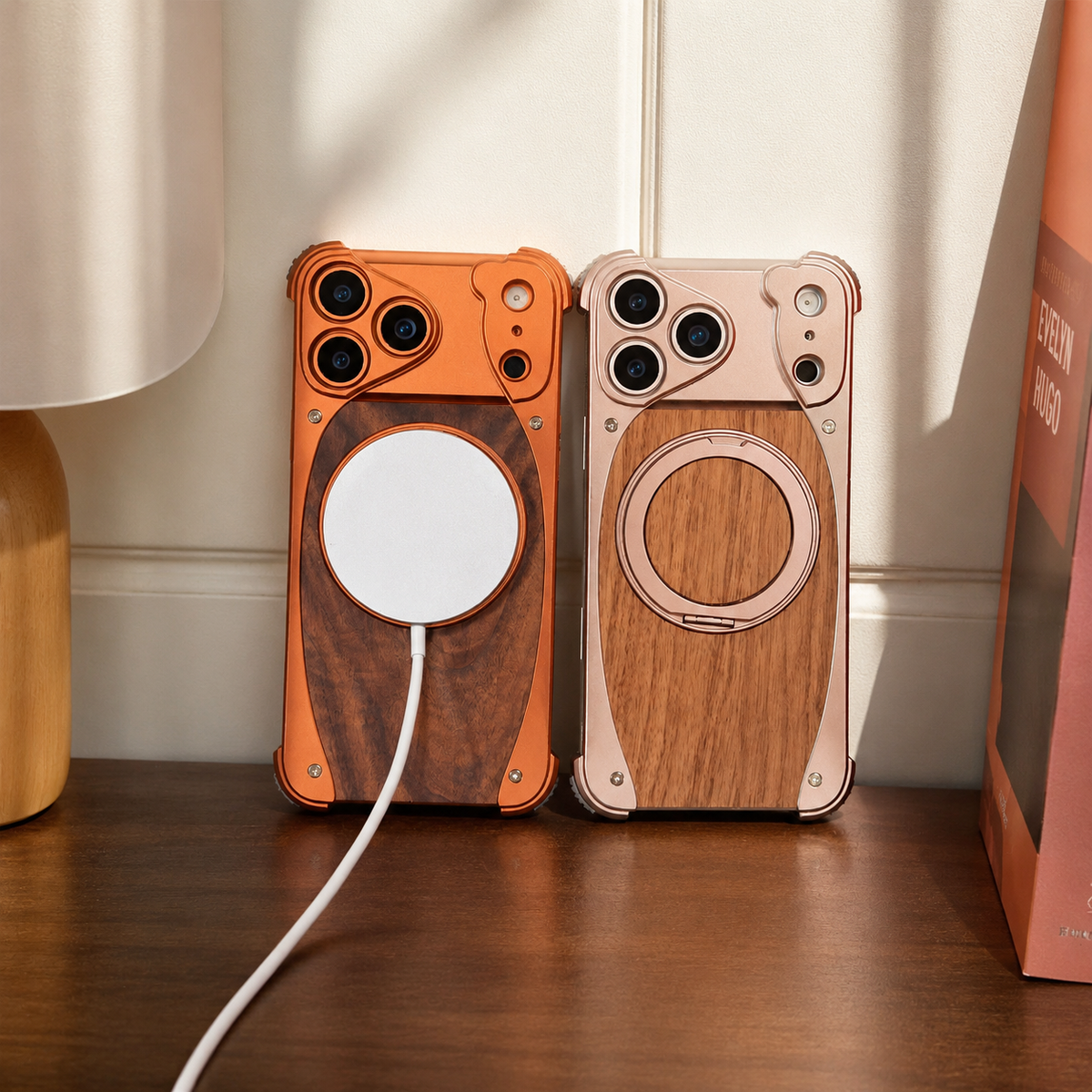 Premium iPhone Case MagSafe Walnut Wood Aluminum Magnetic Shockproof Protective Cover Kickstand Anti Drop Metal Frame Slim Natural Wood Full Coverage