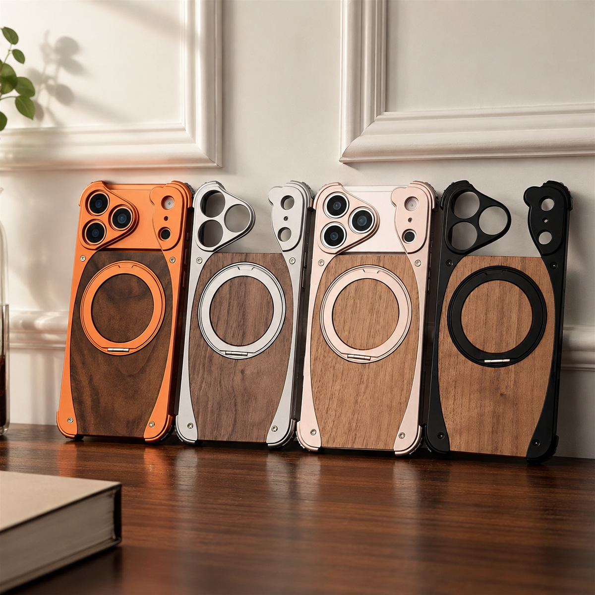 Premium iPhone Case MagSafe Walnut Wood Aluminum Magnetic Shockproof Protective Cover Kickstand Anti Drop Metal Frame Slim Natural Wood Full Coverage