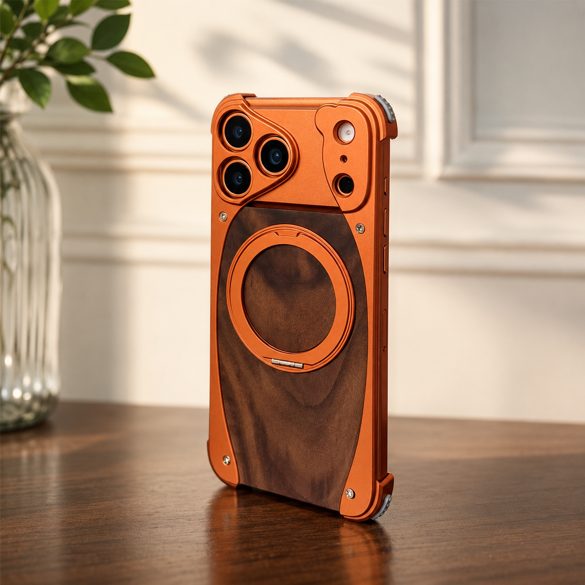 Premium iPhone Case MagSafe Walnut Wood Aluminum Magnetic Shockproof Protective Cover Kickstand Anti Drop Metal Frame Slim Natural Wood Full Coverage