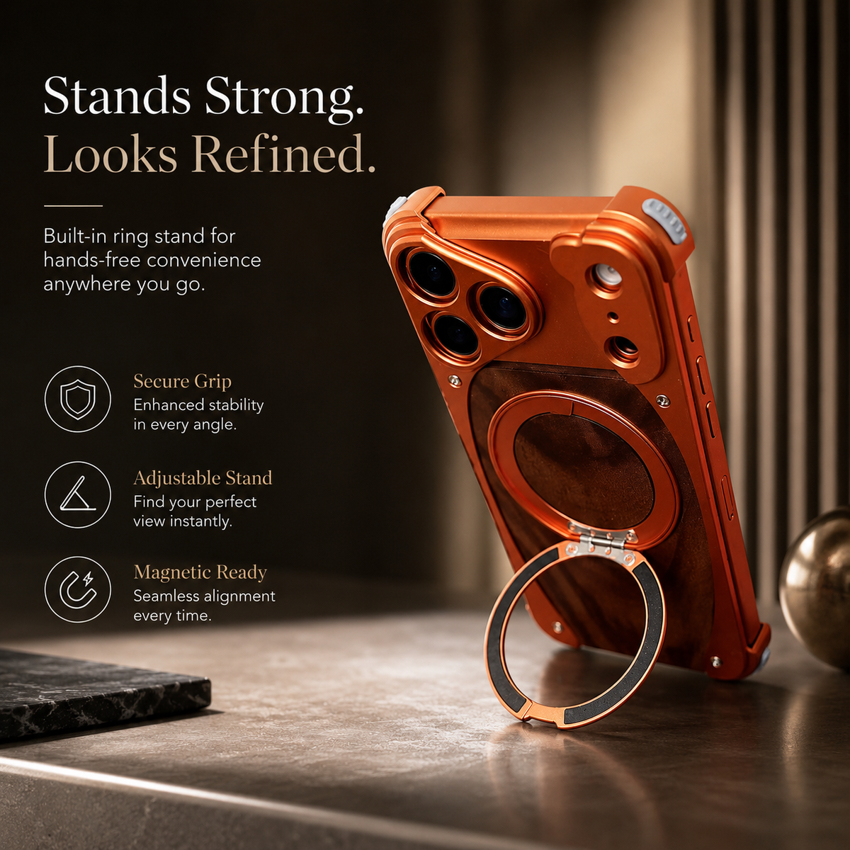 Premium iPhone Case MagSafe Walnut Wood Aluminum Magnetic Shockproof Protective Cover Kickstand Anti Drop Metal Frame Slim Natural Wood Full Coverage