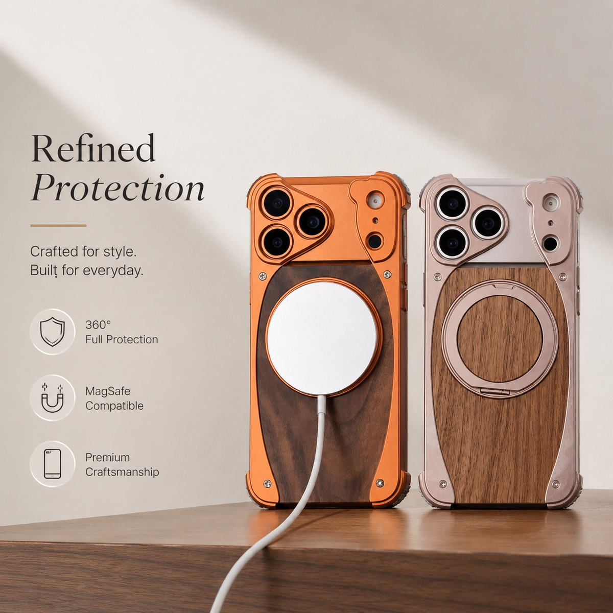 Premium iPhone Case MagSafe Walnut Wood Aluminum Magnetic Shockproof Protective Cover Kickstand Anti Drop Metal Frame Slim Natural Wood Full Coverage