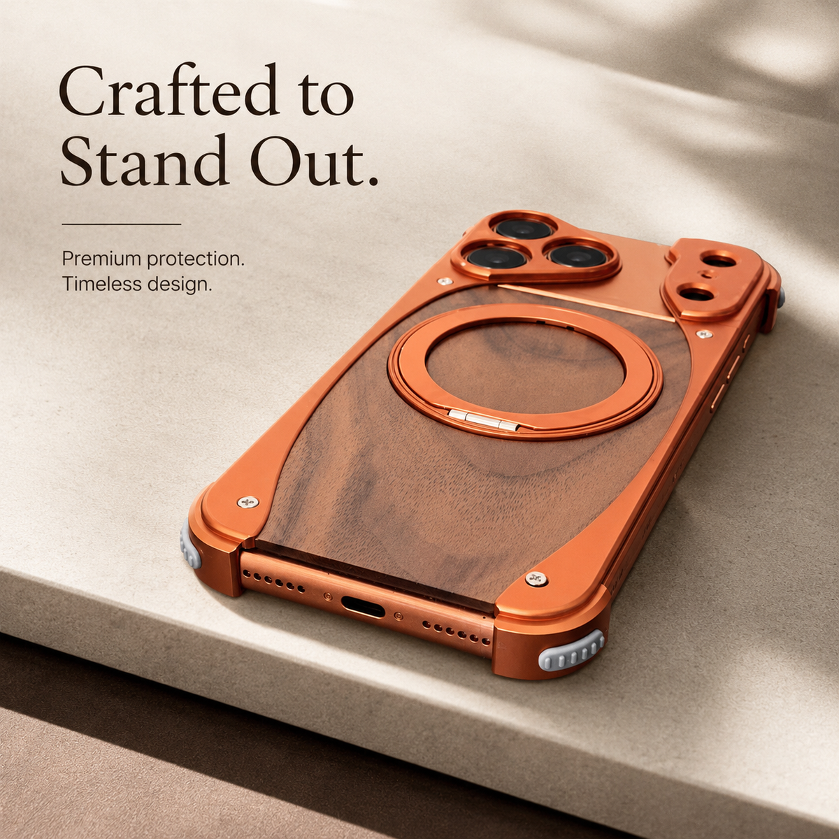 Premium iPhone Case MagSafe Walnut Wood Aluminum Magnetic Shockproof Protective Cover Kickstand Anti Drop Metal Frame Slim Natural Wood Full Coverage