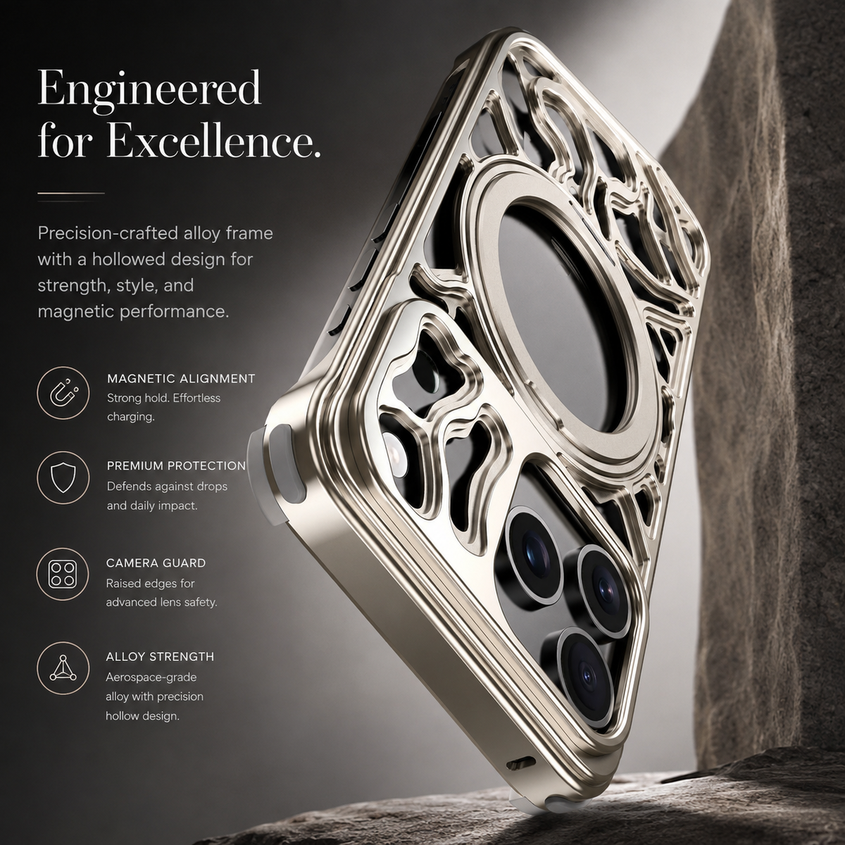 Premium iPhone Case Magnetic Aluminum Maze Pattern Ring Kickstand Shockproof Metal Protective Cover Geometric Non Slip Tough Slim Reinforced Bumper Case